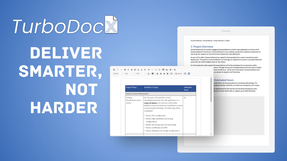 TurboDocx banner with the tagline 'Deliver Smarter, Not Harder,' showing a document editor interface with an example project overview and deliverables in a statement of work (SOW) format.