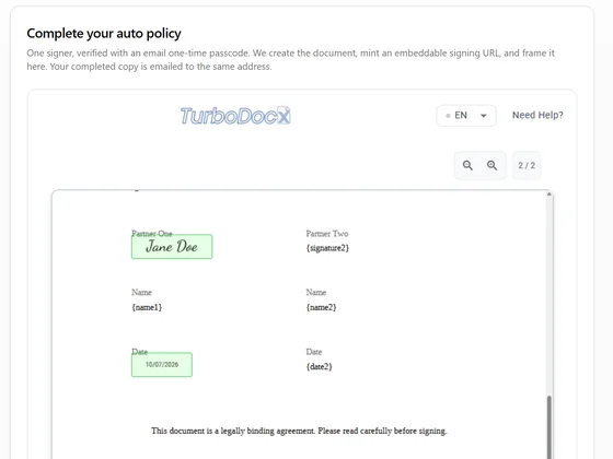 TurboDocx embedded signing sample app: a TurboSign signing page framed inside a host app, with signature, name and date fields