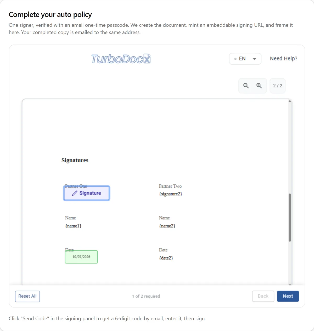 TurboSign signing page framed inside a host app, with the signer's Signature field highlighted, a date already filled, and 1 of 2 required fields shown in the footer
