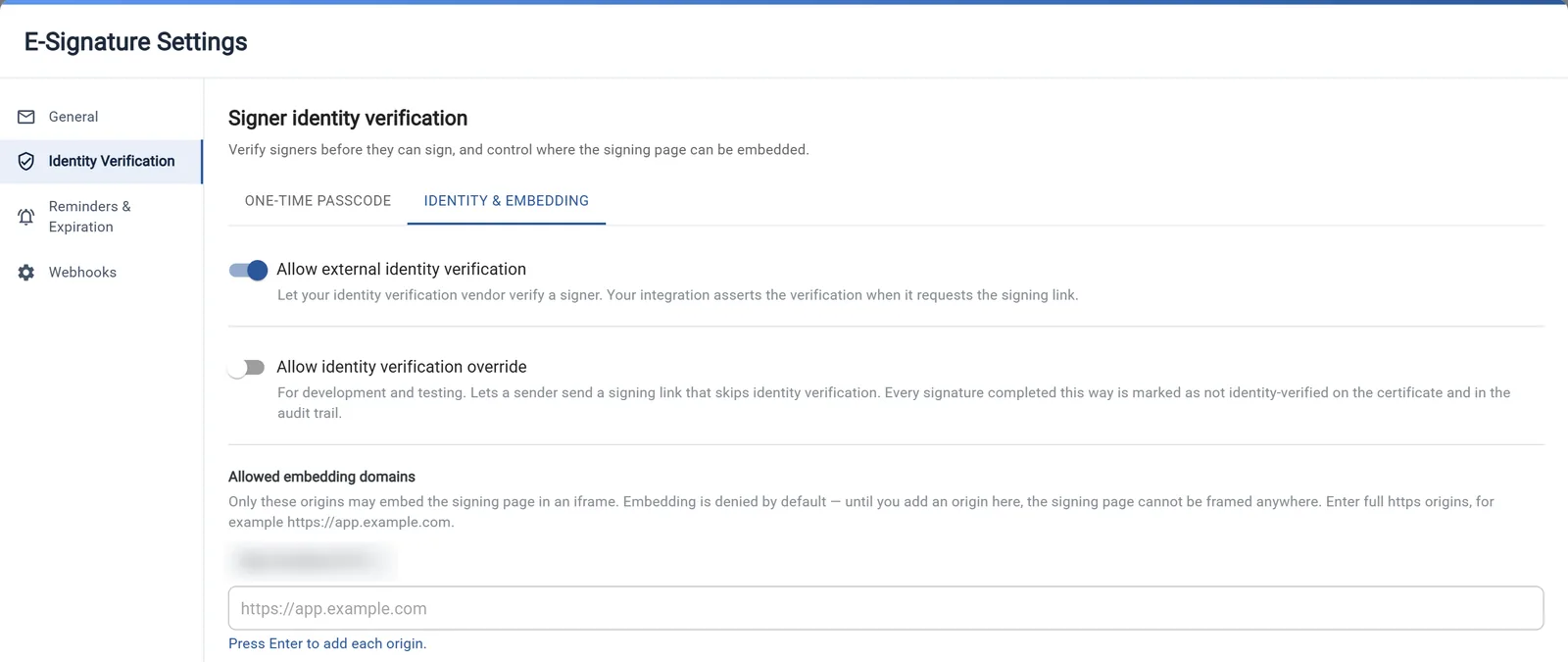 TurboDocx E-Signature Settings, Identity and embedding tab, with Allow external identity verification, Allow identity verification override, and the Allowed embedding domains field for the kiosk app origin