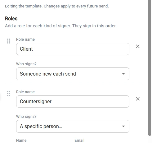 TurboDocx Roles editor with a Client role set to Someone new each send and a Countersigner role set to A specific person