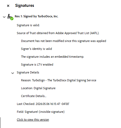 TurboSign signed PDF showing green checkmark validation in Adobe Acrobat — signature is valid and document has not been modified